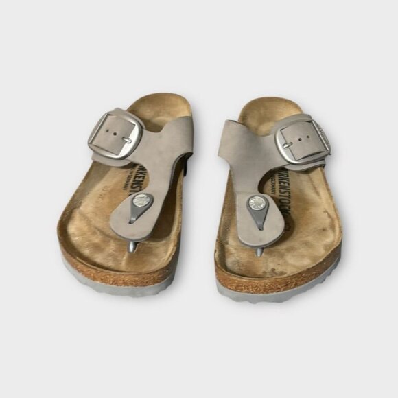 BIRKENSTOCK Gizeh Big Buckle 36 6 Nubuck Leather Dove Gray Silver Worn 2x Cork - Picture 3 of 9